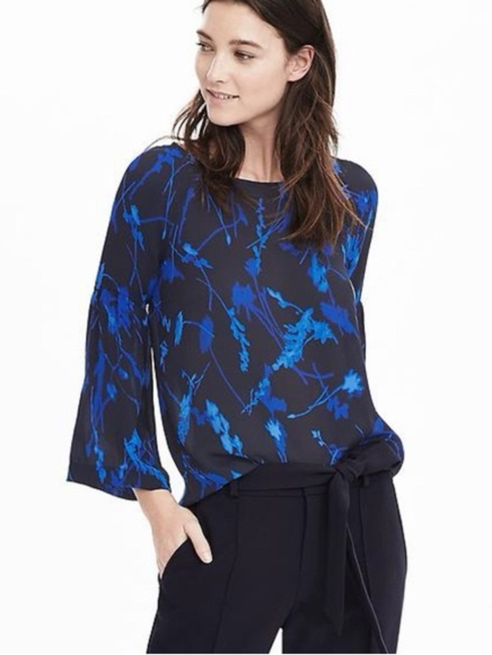 Banana Republic Navy Blouse with Electric Blue Floral Print